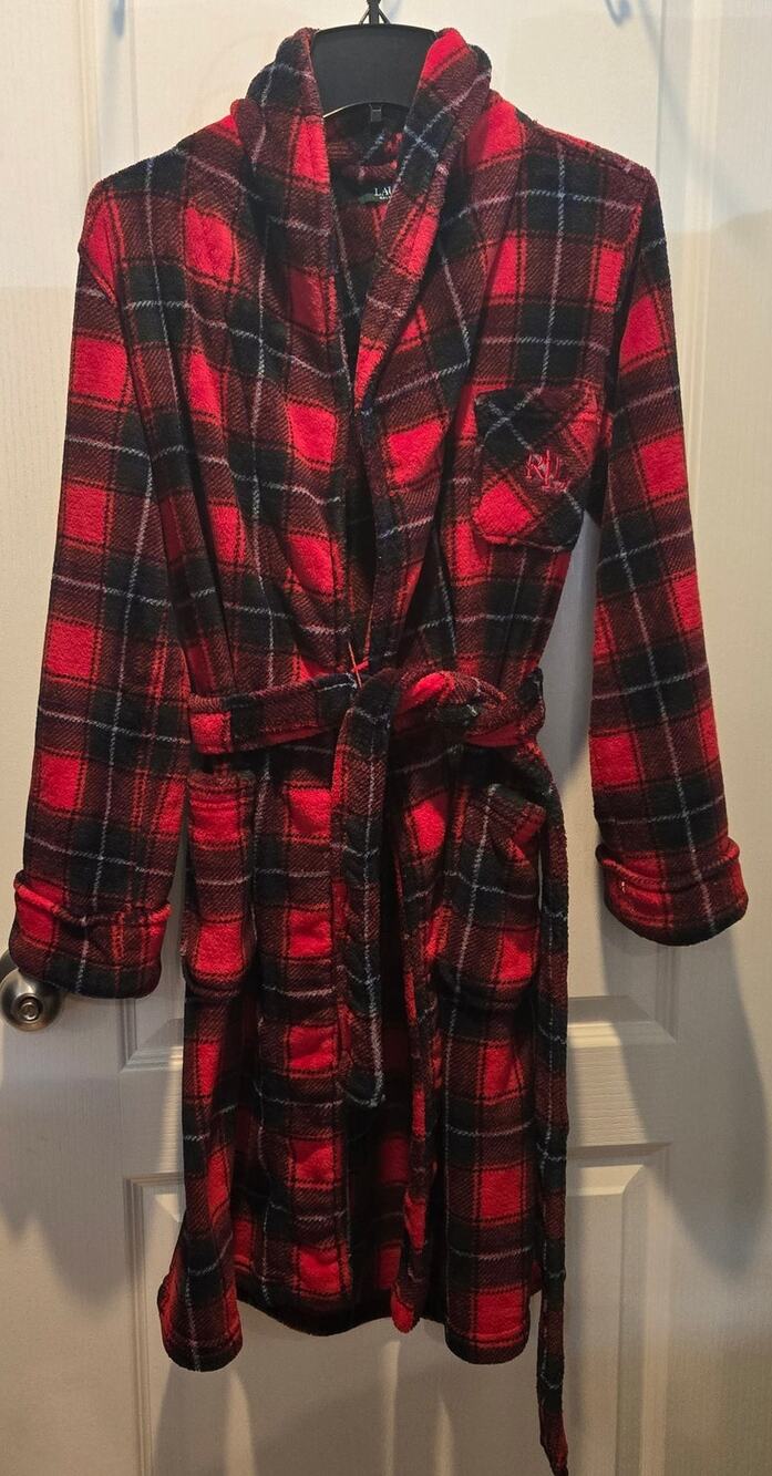 Ralph Lauren Red Plaid Fleece Logo Midi Belted Pocket Robe sz S